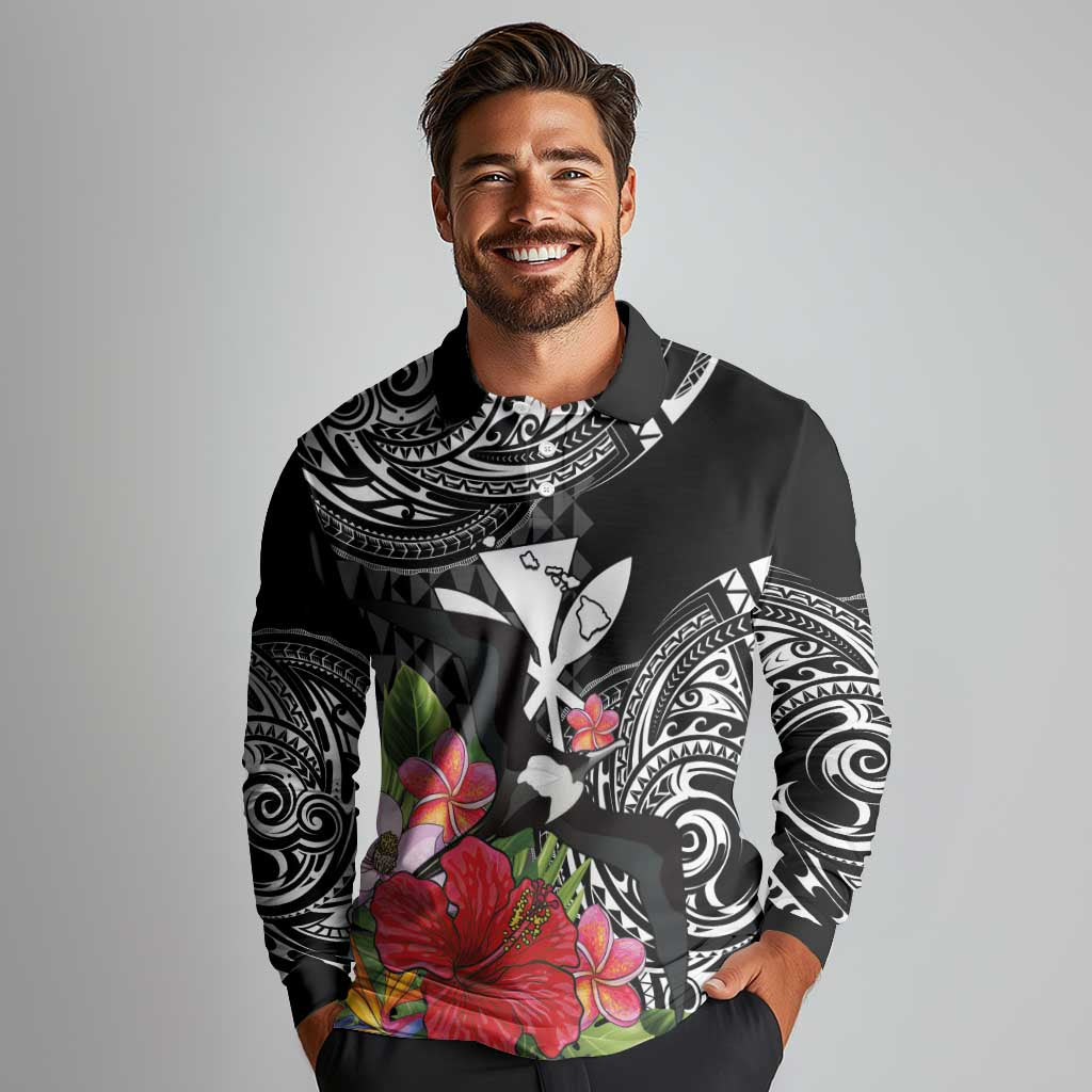 Hawaii Iwa Bird Long Sleeve Polo Shirt Great Frigatebird Kanaka Tropical Flowers - Polynesian Pride