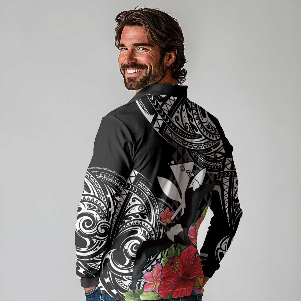 Hawaii Iwa Bird Long Sleeve Polo Shirt Great Frigatebird Kanaka Tropical Flowers - Polynesian Pride
