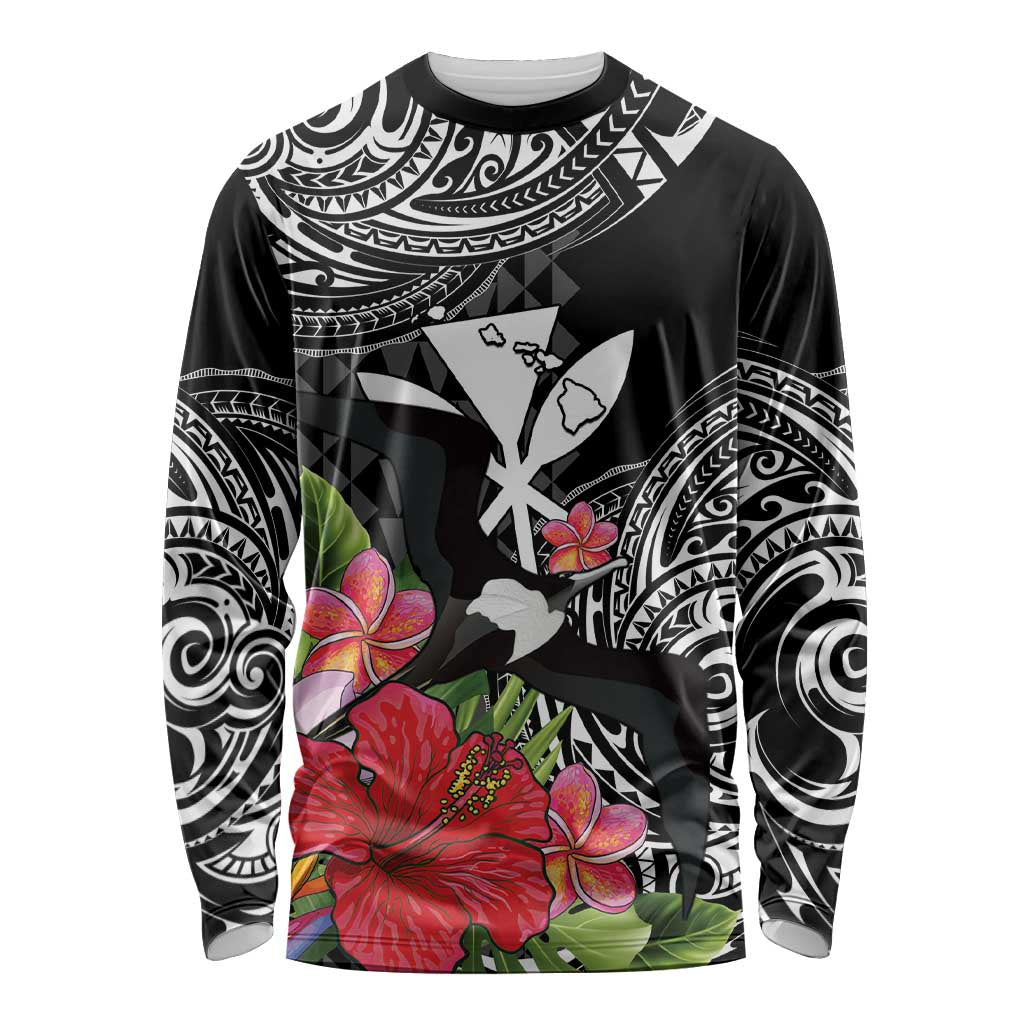 Hawaii Iwa Bird Long Sleeve Shirt Great Frigatebird Kanaka Tropical Flowers - Polynesian Pride