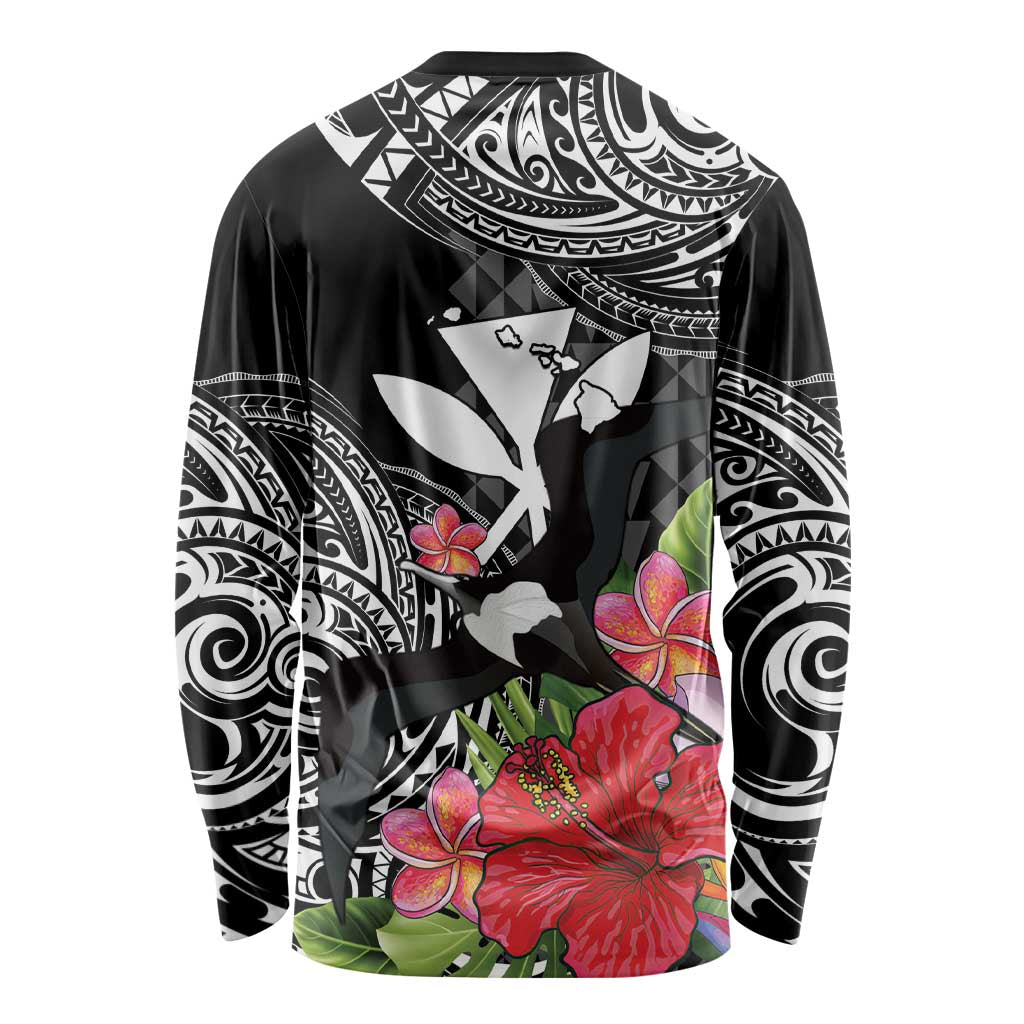 Hawaii Iwa Bird Long Sleeve Shirt Great Frigatebird Kanaka Tropical Flowers - Polynesian Pride