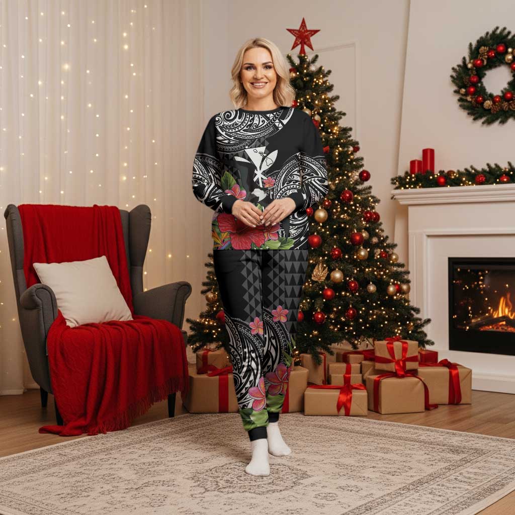 Hawaii Iwa Bird Christmas Pajama Set Great Frigatebird Kanaka Tropical Flowers - Polynesian Pride