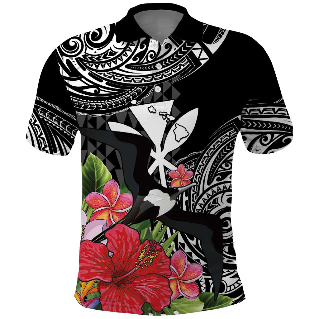 Hawaii Iwa Bird Polo Shirt Great Frigatebird Kanaka Tropical Flowers - Polynesian Pride