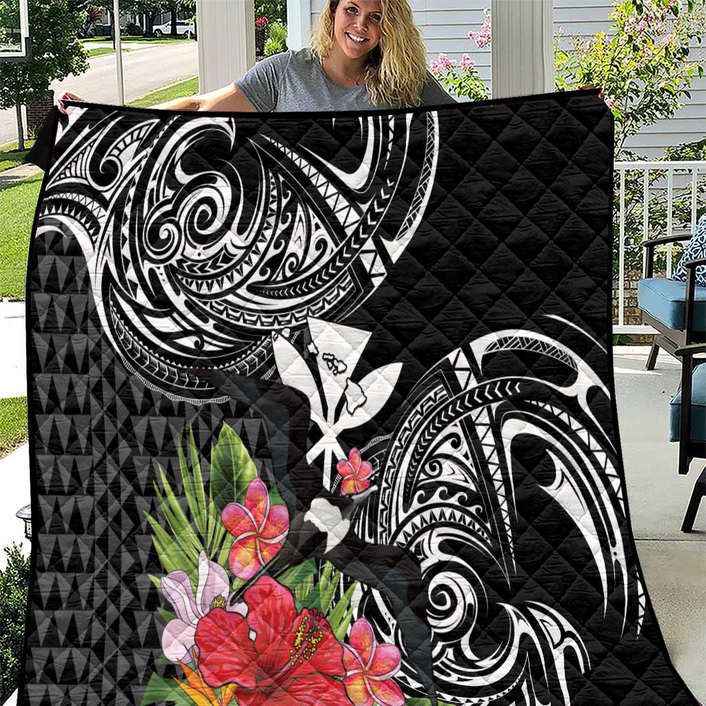 Hawaii Iwa Bird Quilt Great Frigatebird Kanaka Tropical Flowers LT14 Black - Polynesian Pride