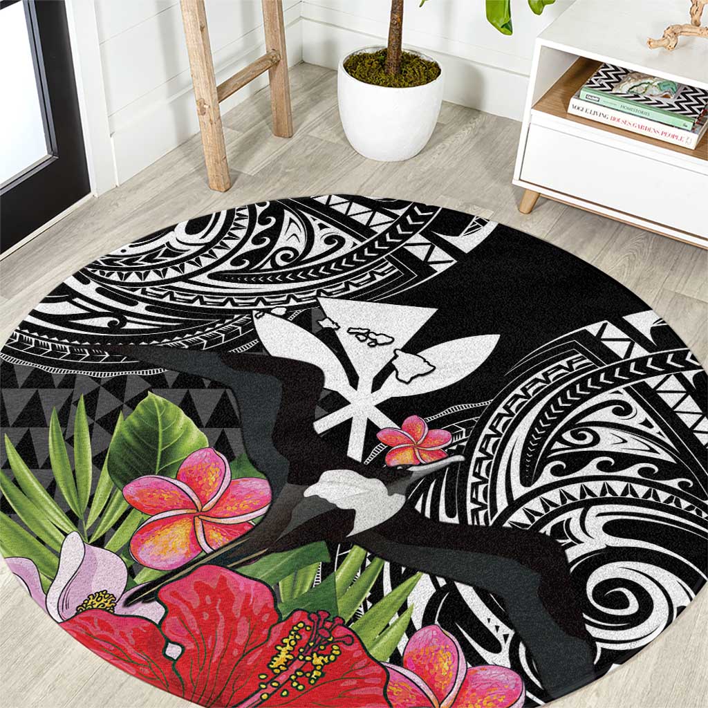 Hawaii Iwa Bird Round Carpet Great Frigatebird Kanaka Tropical Flowers LT14 Black - Polynesian Pride