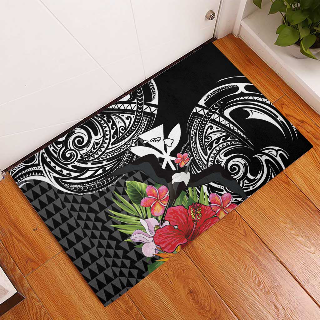 Hawaii Iwa Bird Rubber Doormat Great Frigatebird Kanaka Tropical Flowers - Polynesian Pride