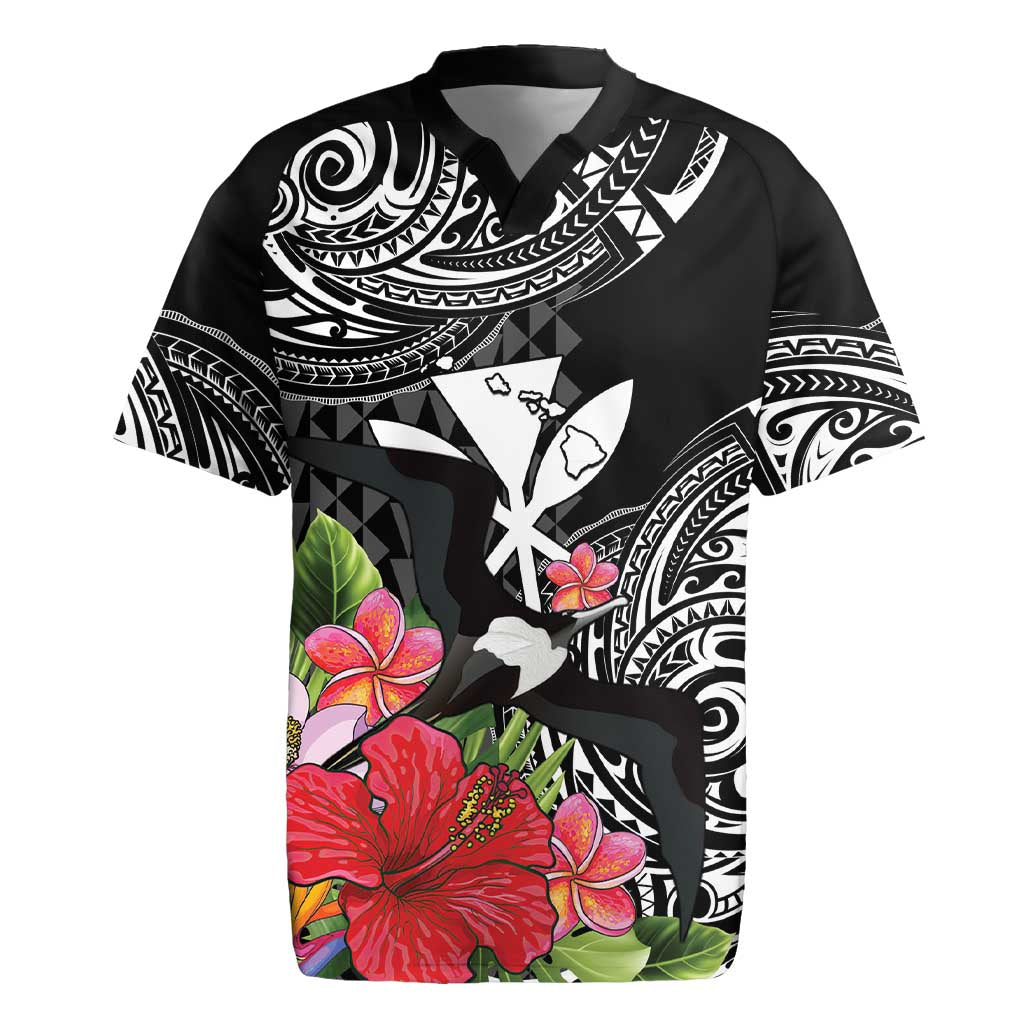 Hawaii Iwa Bird Rugby Jersey Great Frigatebird Kanaka Tropical Flowers LT14 Black - Polynesian Pride