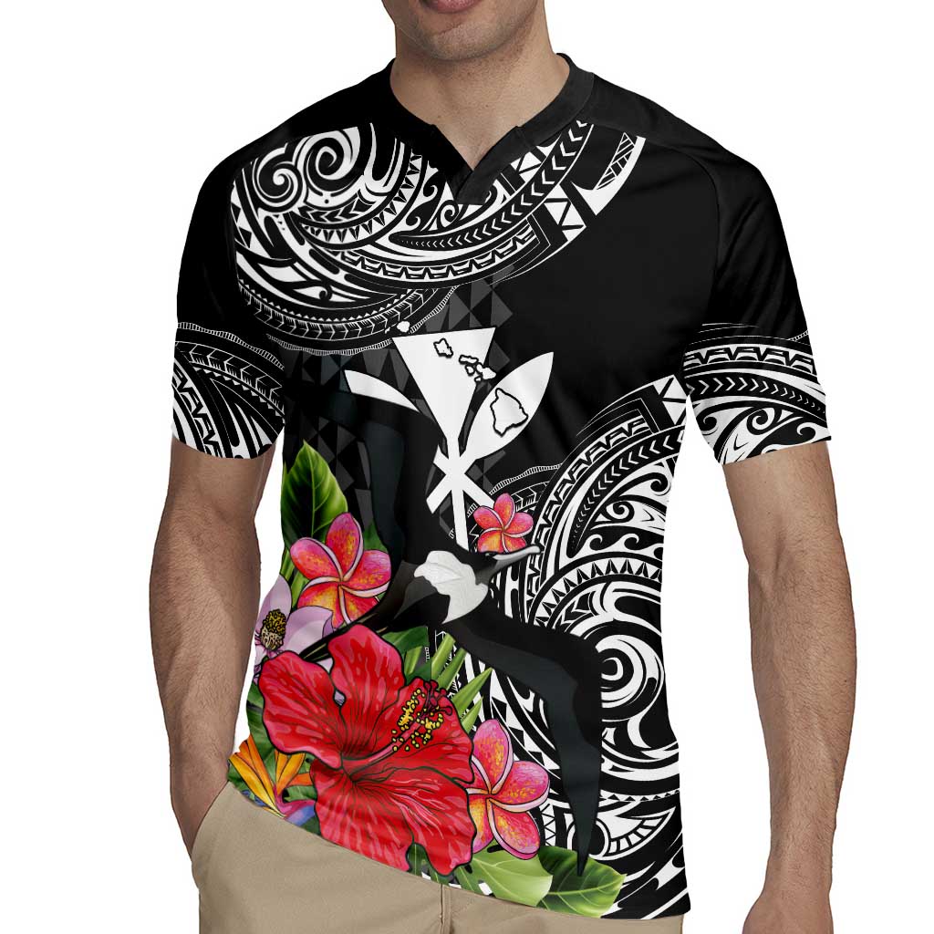 Hawaii Iwa Bird Rugby Jersey Great Frigatebird Kanaka Tropical Flowers - Polynesian Pride