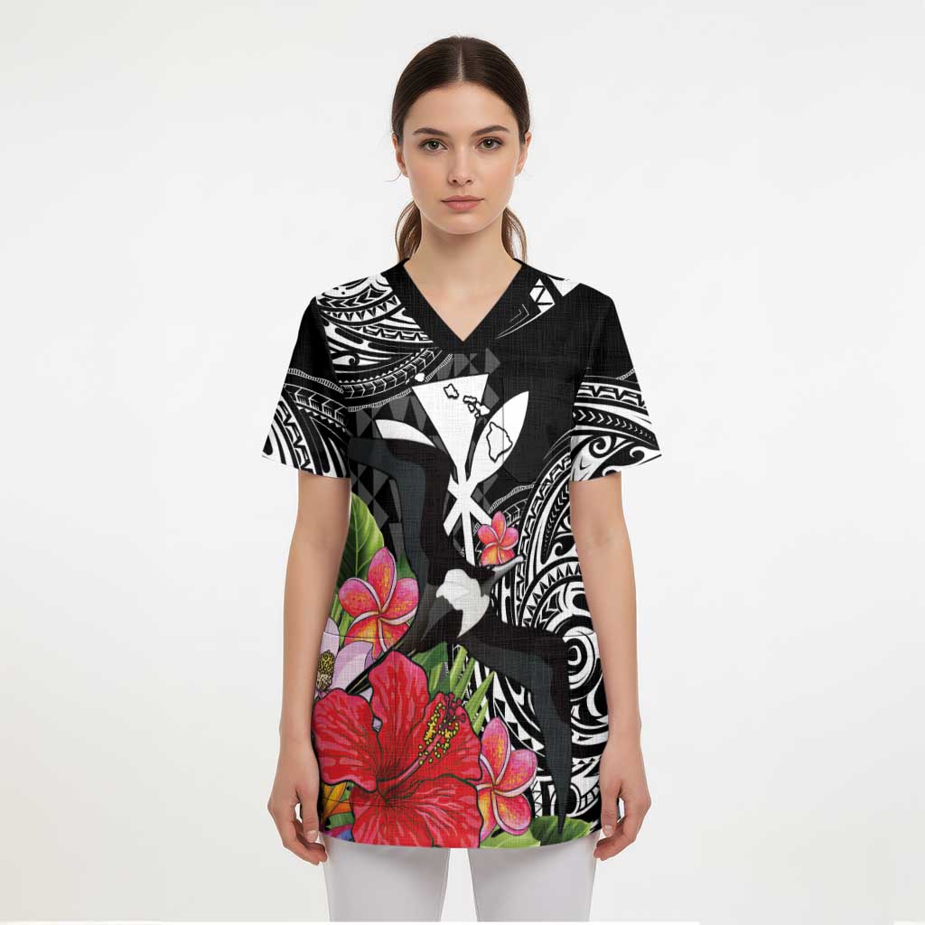 Hawaii Iwa Bird Scrub Top Great Frigatebird Kanaka Tropical Flowers - Polynesian Pride
