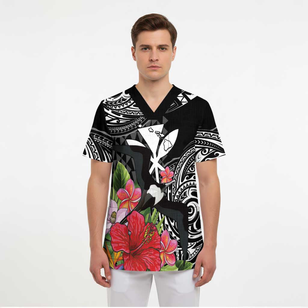Hawaii Iwa Bird Scrub Top Great Frigatebird Kanaka Tropical Flowers - Polynesian Pride