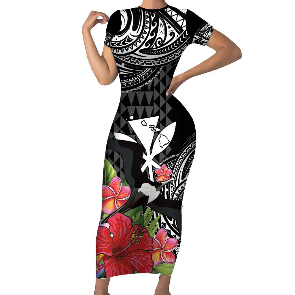 Hawaii Iwa Bird Short Sleeve Bodycon Dress Great Frigatebird Kanaka Tropical Flowers - Polynesian Pride