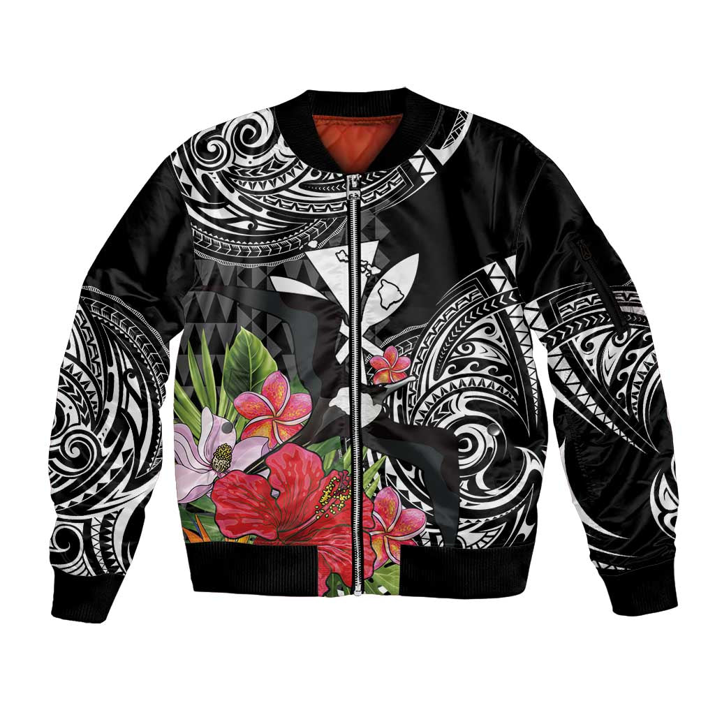 Hawaii Iwa Bird Sleeve Zip Bomber Jacket Great Frigatebird Kanaka Tropical Flowers LT14 Unisex Black - Polynesian Pride