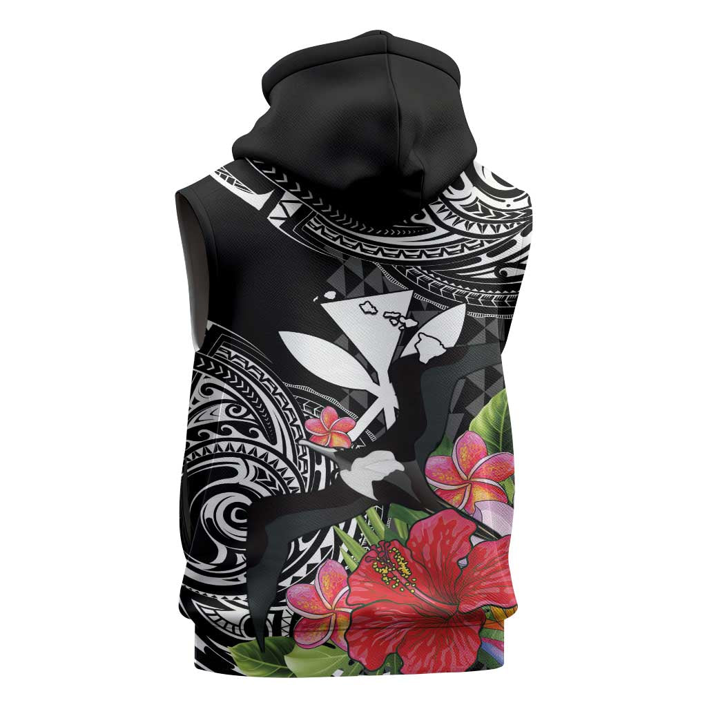Hawaii Iwa Bird Sleeveless Hoodie Great Frigatebird Kanaka Tropical Flowers - Polynesian Pride
