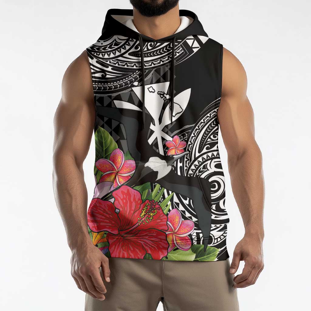 Hawaii Iwa Bird Sleeveless Hoodie Great Frigatebird Kanaka Tropical Flowers - Polynesian Pride