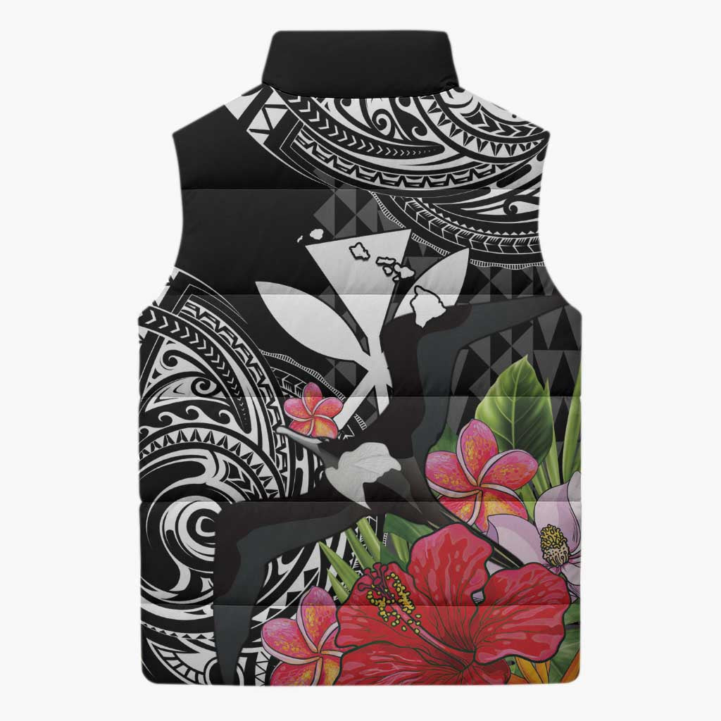 Hawaii Iwa Bird Sleeveless Puffer Jacket Great Frigatebird Kanaka Tropical Flowers - Polynesian Pride