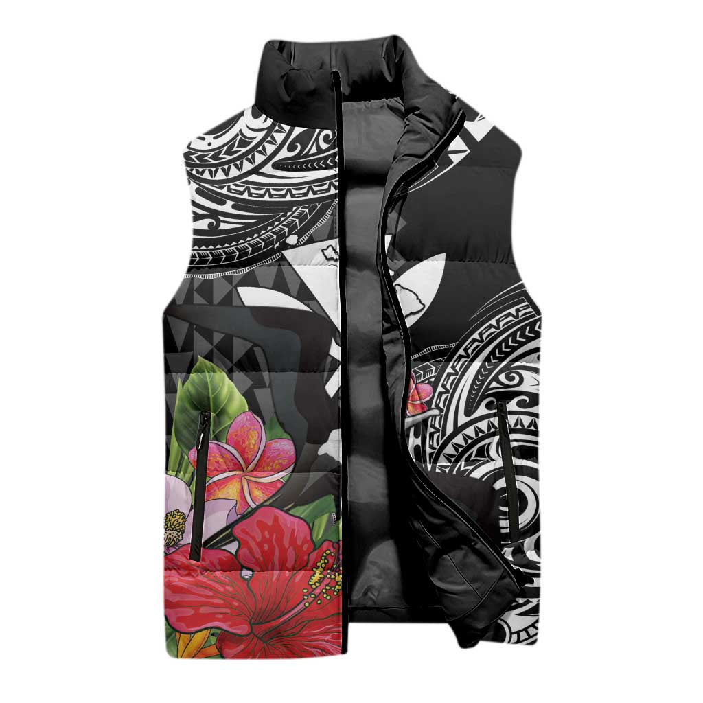 Hawaii Iwa Bird Sleeveless Puffer Jacket Great Frigatebird Kanaka Tropical Flowers - Polynesian Pride