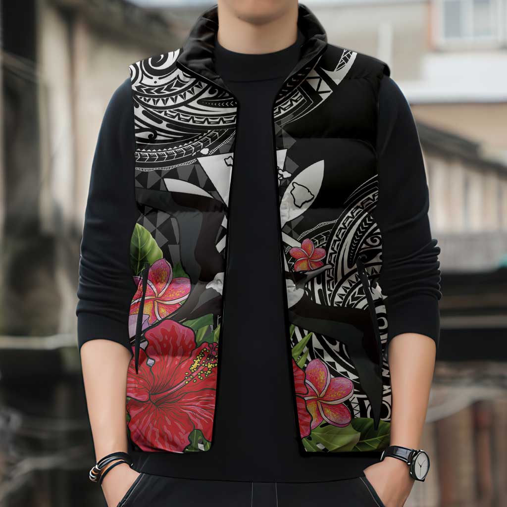 Hawaii Iwa Bird Sleeveless Puffer Jacket Great Frigatebird Kanaka Tropical Flowers - Polynesian Pride