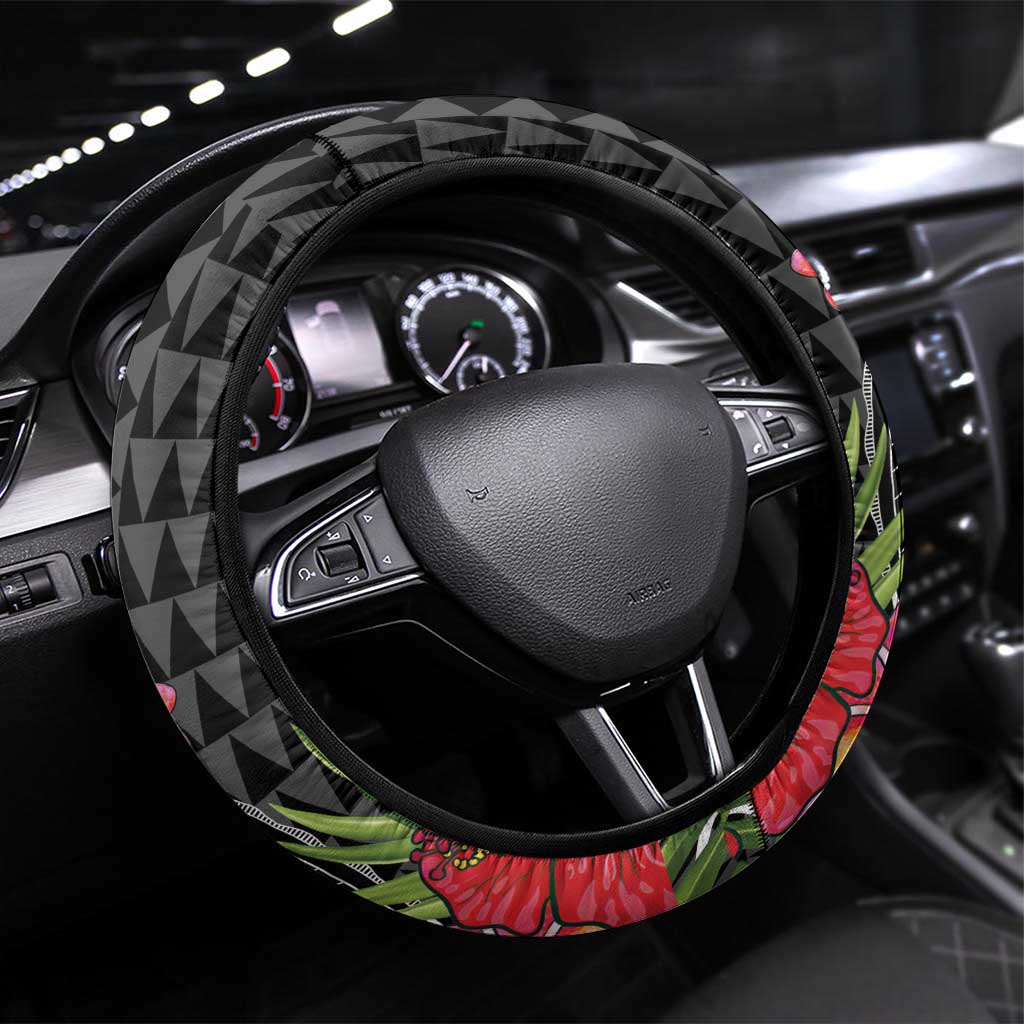 Hawaii Iwa Bird Steering Wheel Cover Great Frigatebird Kanaka Tropical Flowers - Polynesian Pride