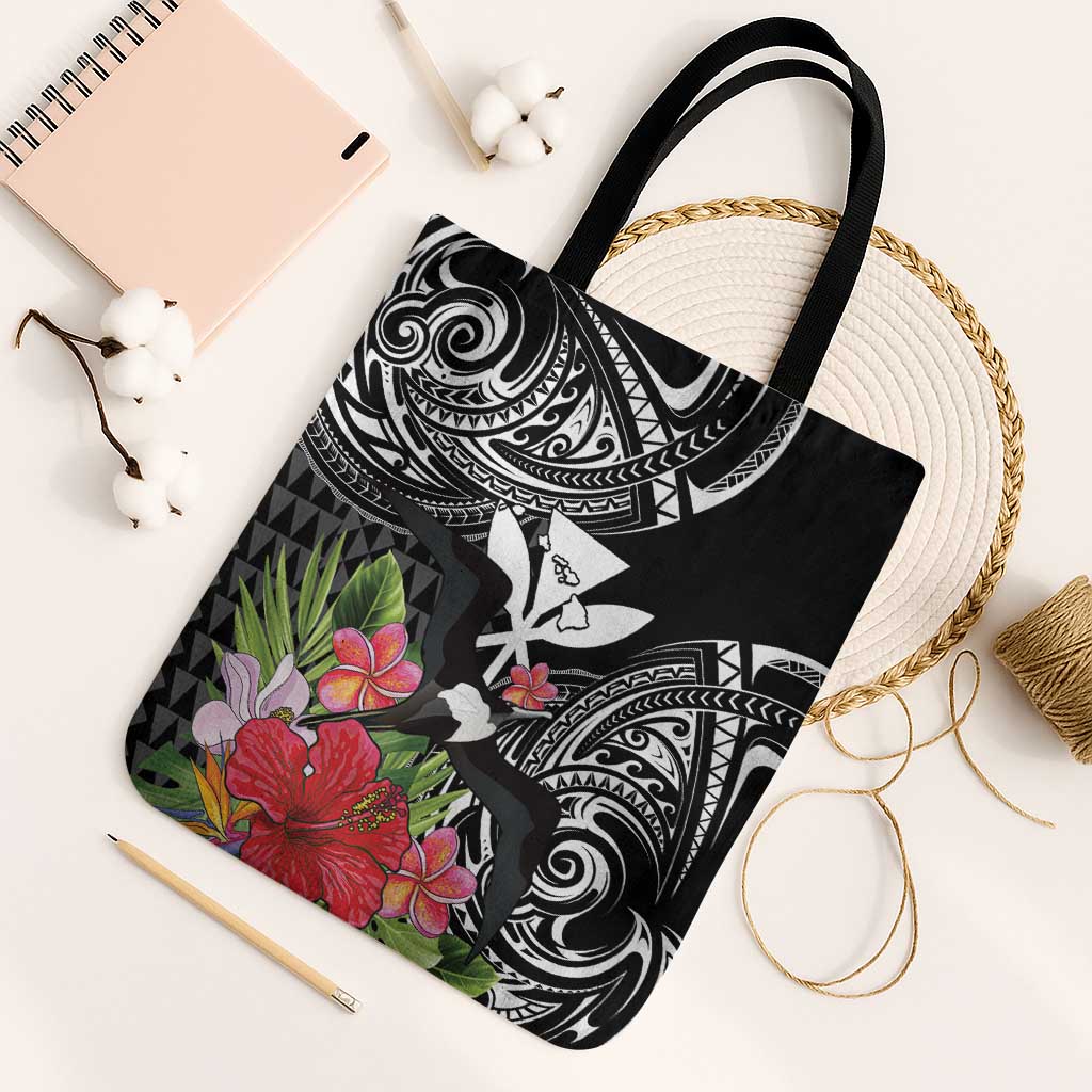 Hawaii Iwa Bird Tote Bag Great Frigatebird Kanaka Tropical Flowers LT14 Black Strap One Size Black - Polynesian Pride