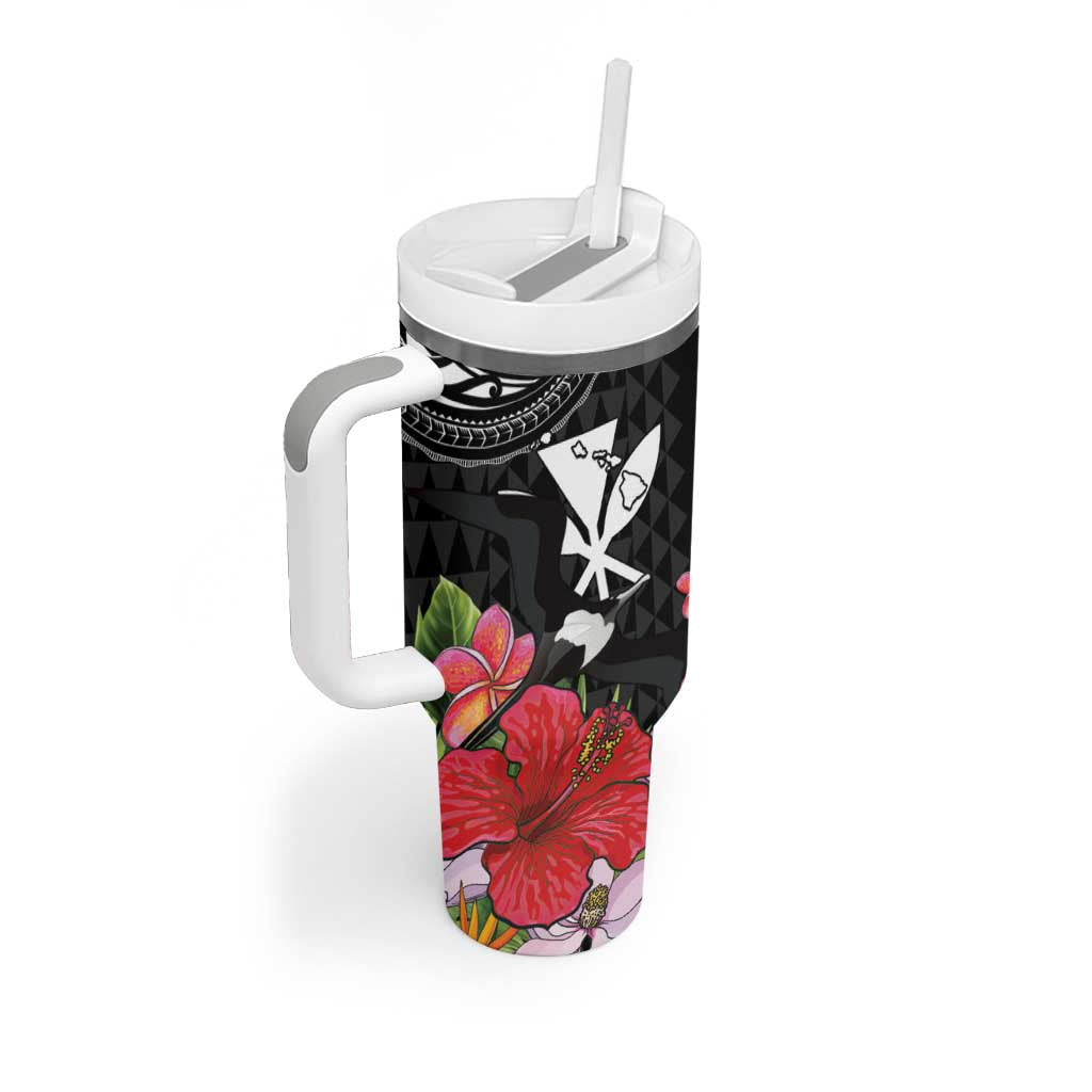 Hawaii Iwa Bird Tumbler With Handle Great Frigatebird Kanaka Tropical Flowers - Polynesian Pride