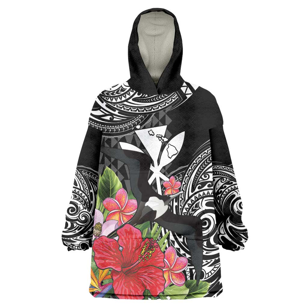 Hawaii Iwa Bird Wearable Blanket Hoodie Great Frigatebird Kanaka Tropical Flowers - Polynesian Pride