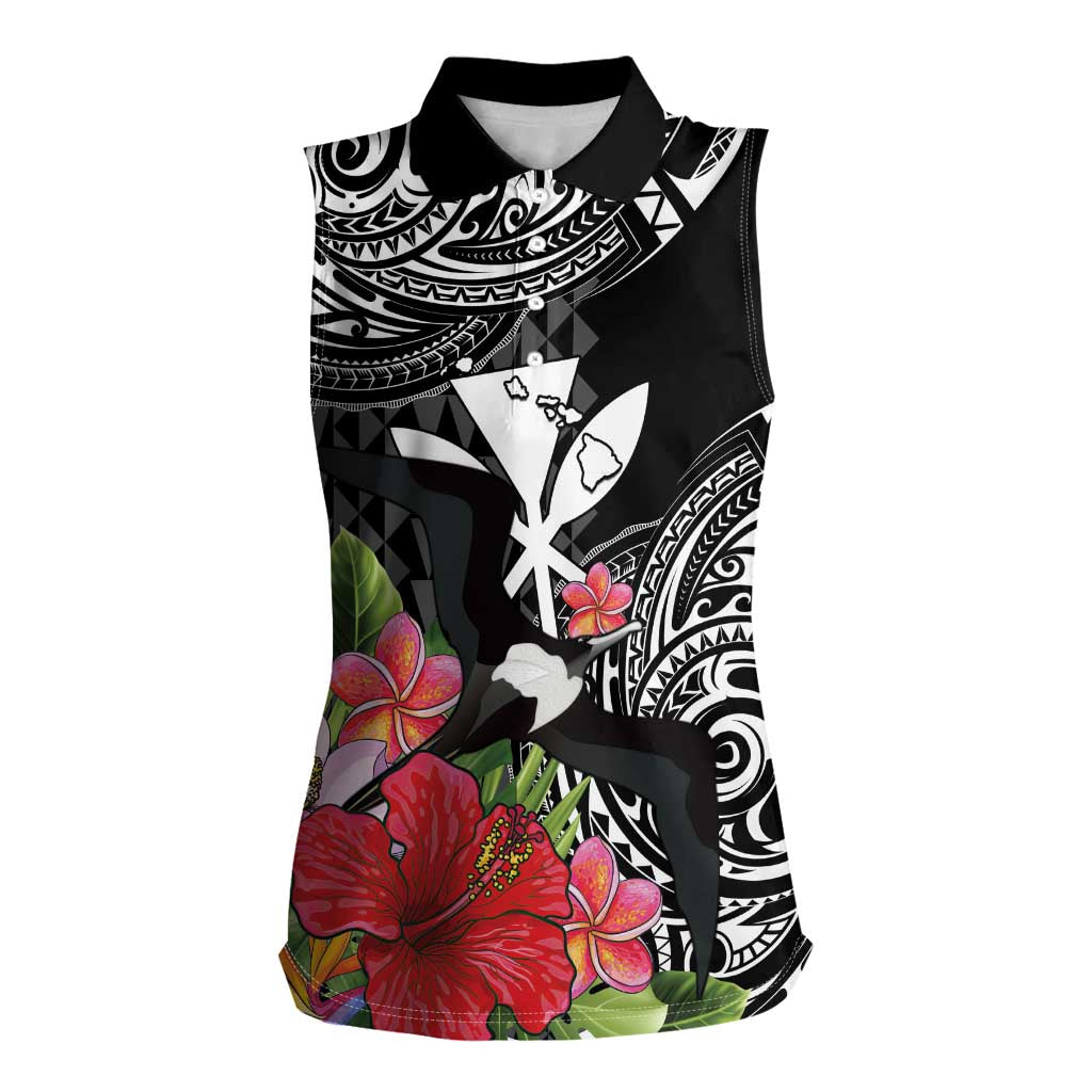 Hawaii Iwa Bird Women Sleeveless Polo Shirt Great Frigatebird Kanaka Tropical Flowers - Polynesian Pride