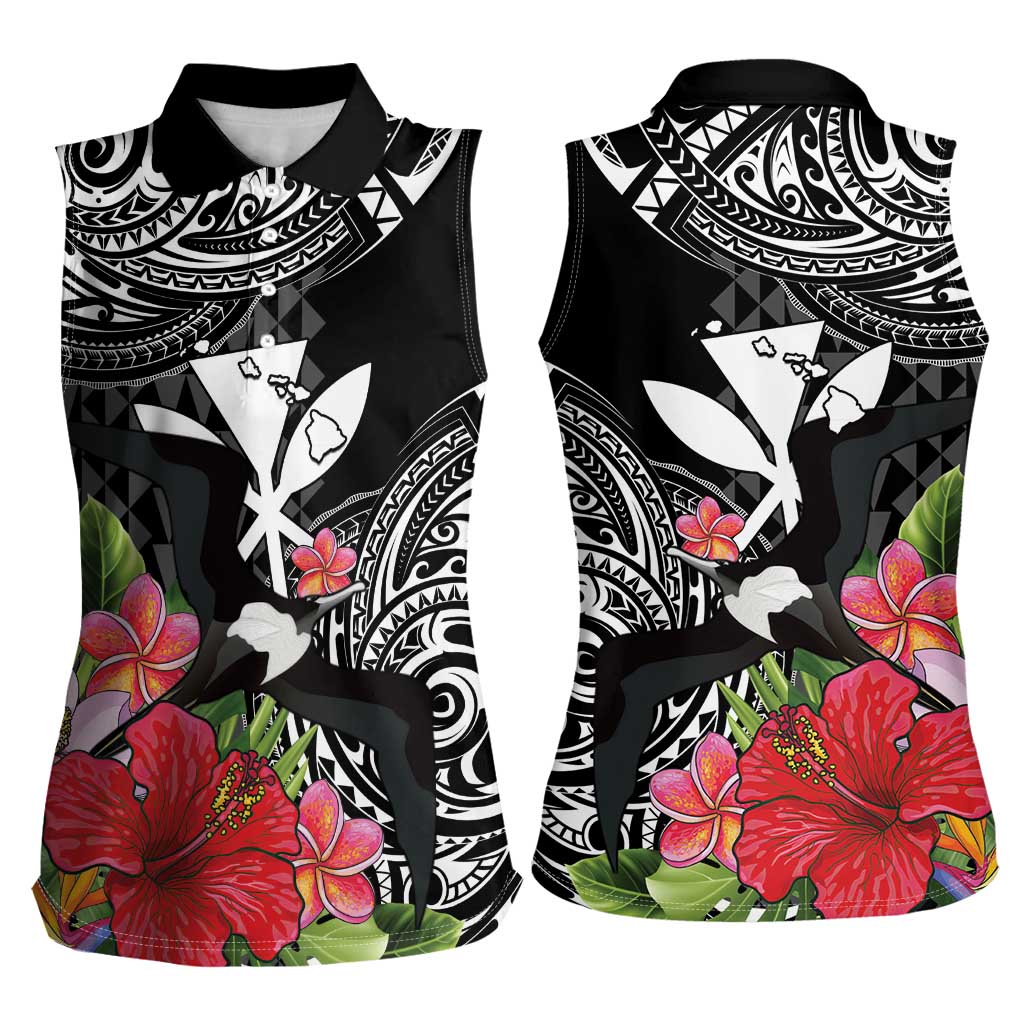 Hawaii Iwa Bird Women Sleeveless Polo Shirt Great Frigatebird Kanaka Tropical Flowers - Polynesian Pride