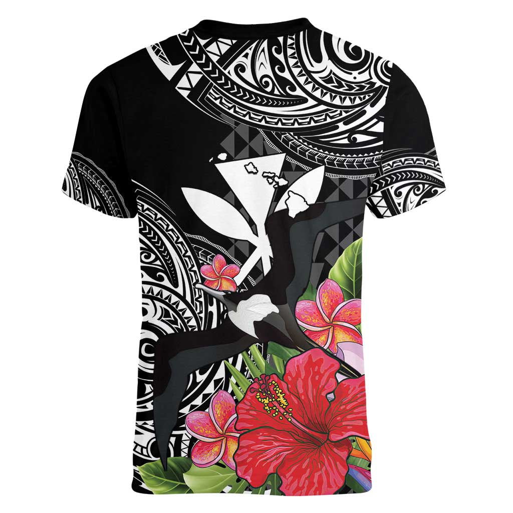 Hawaii Iwa Bird Women V-Neck T-Shirt Great Frigatebird Kanaka Tropical Flowers - Polynesian Pride