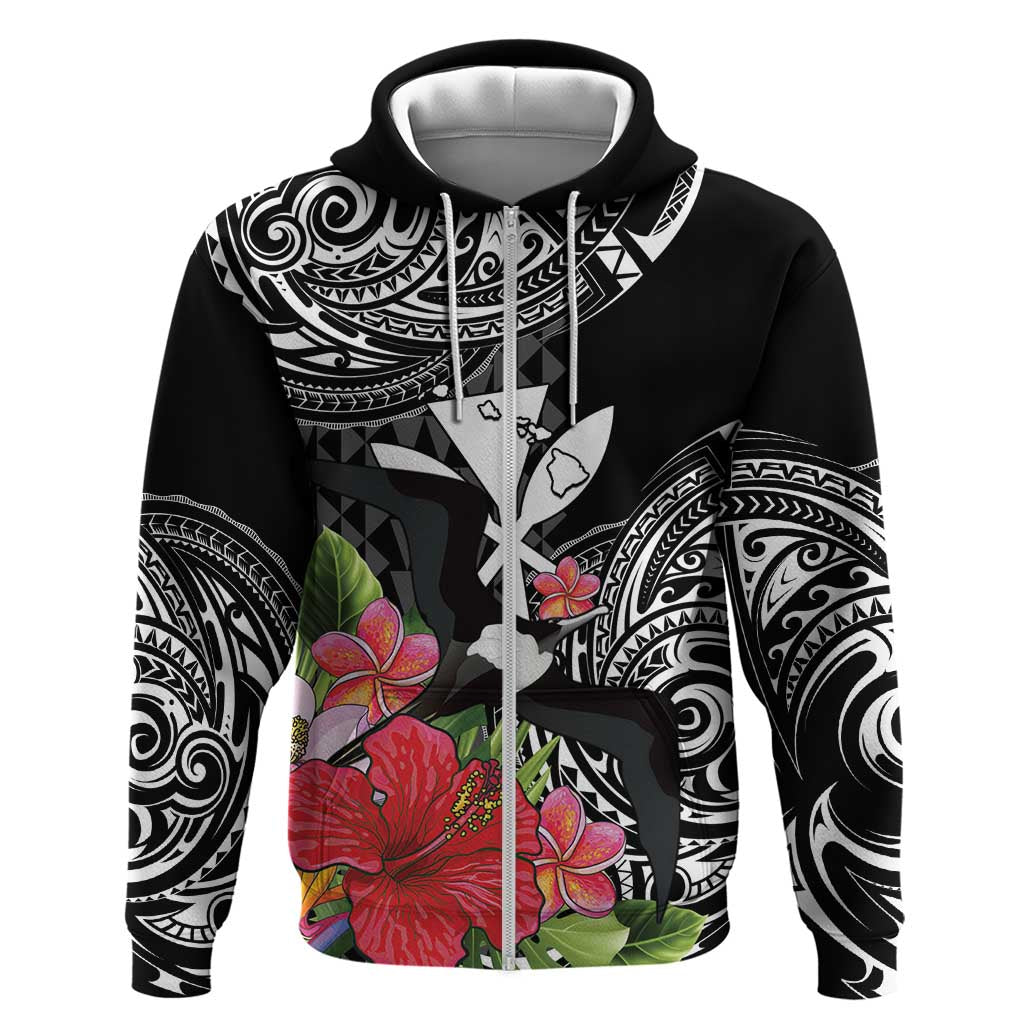 Hawaii Iwa Bird Zip Hoodie Great Frigatebird Kanaka Tropical Flowers LT14 Zip Hoodie Black - Polynesian Pride