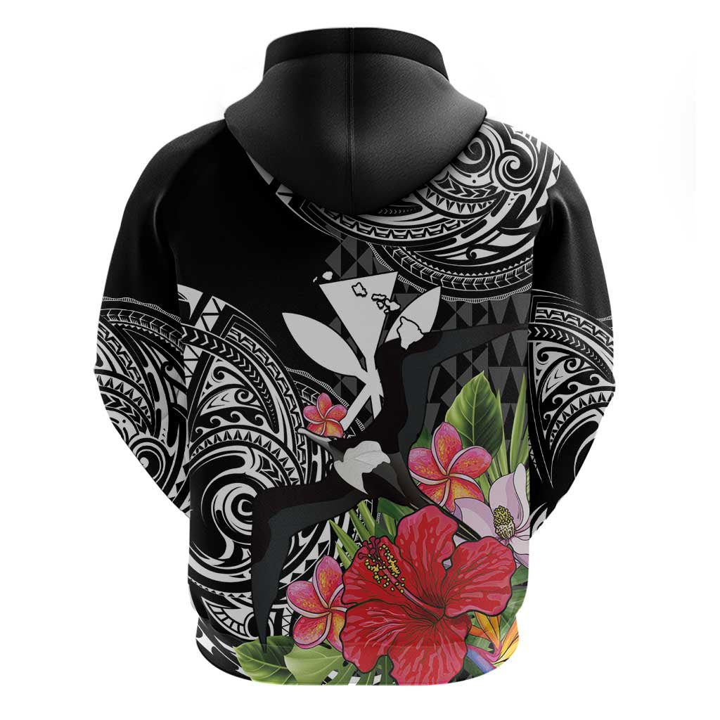 Hawaii Iwa Bird Zip Hoodie Great Frigatebird Kanaka Tropical Flowers - Polynesian Pride