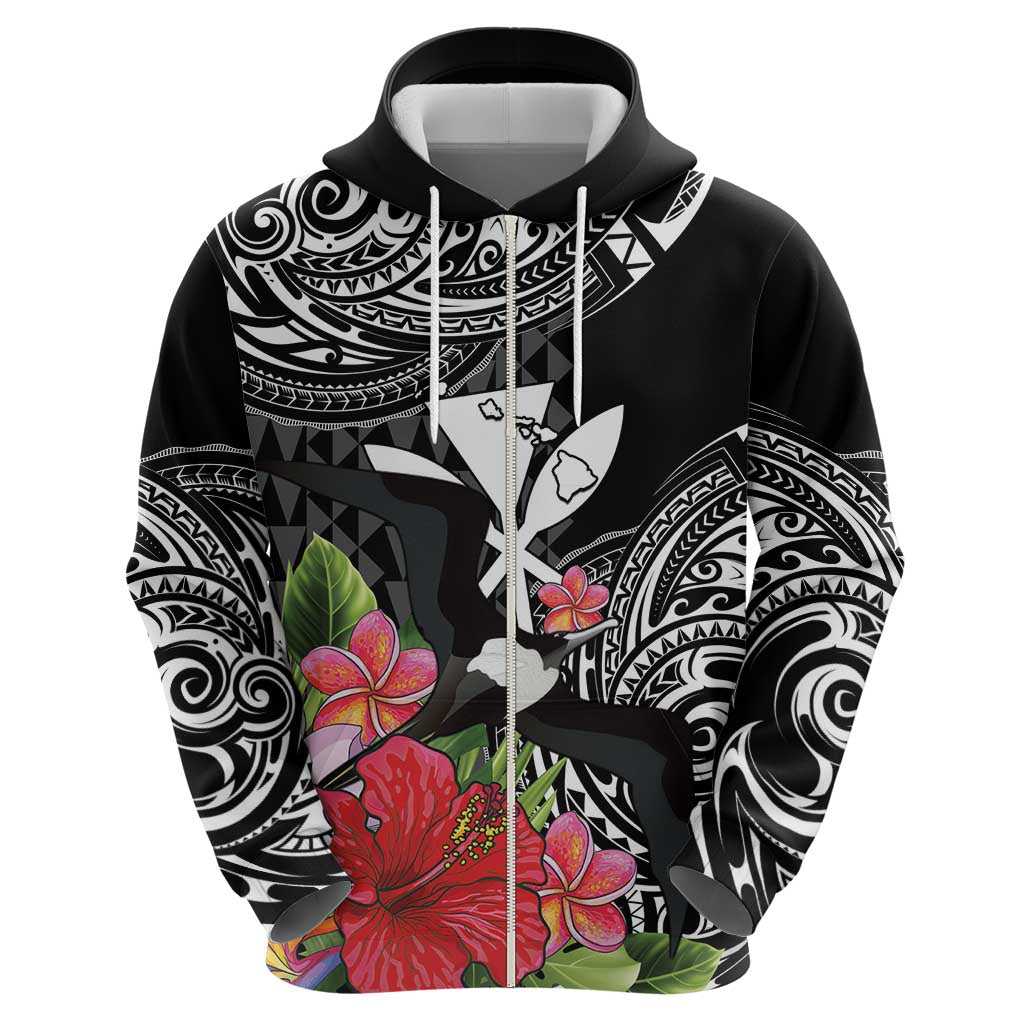 Hawaii Iwa Bird Zip Hoodie Great Frigatebird Kanaka Tropical Flowers - Polynesian Pride