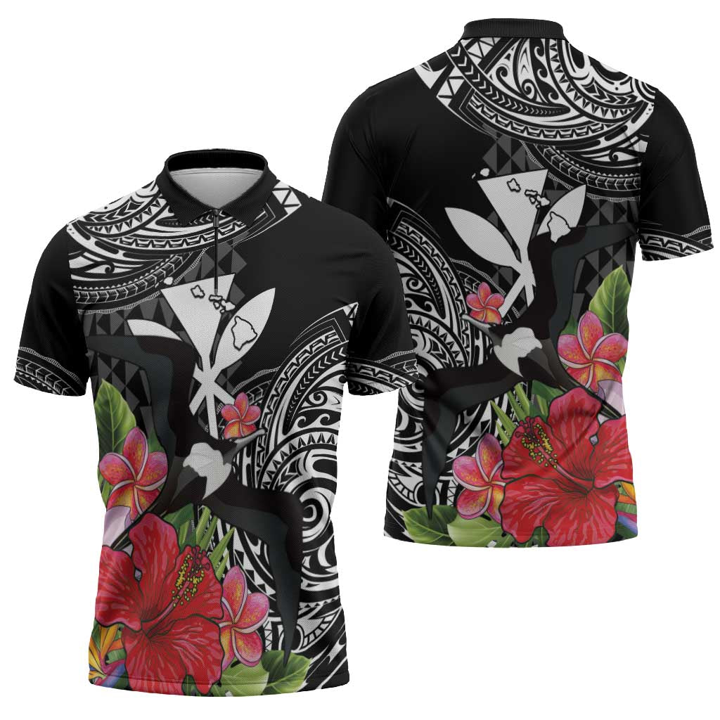 Hawaii Iwa Bird Zipper Polo Shirt Great Frigatebird Kanaka Tropical Flowers - Polynesian Pride