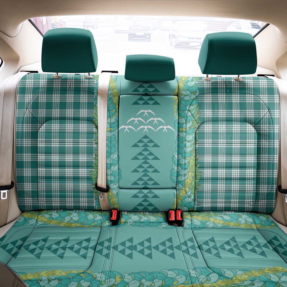Teal Palaka Hawaii Iwa Bird Back Car Seat Cover Hawaiian Kakau Jade Vine Lei - Polynesian Pride