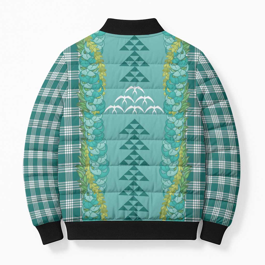 Teal Palaka Hawaii Iwa Bird Bomber Puffer Jacket Hawaiian Kakau Jade Vine Lei - Polynesian Pride