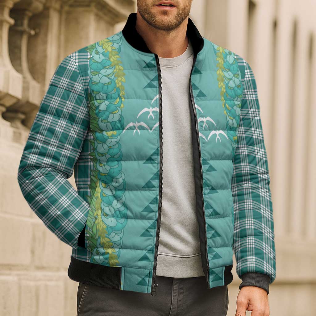 Teal Palaka Hawaii Iwa Bird Bomber Puffer Jacket Hawaiian Kakau Jade Vine Lei - Polynesian Pride