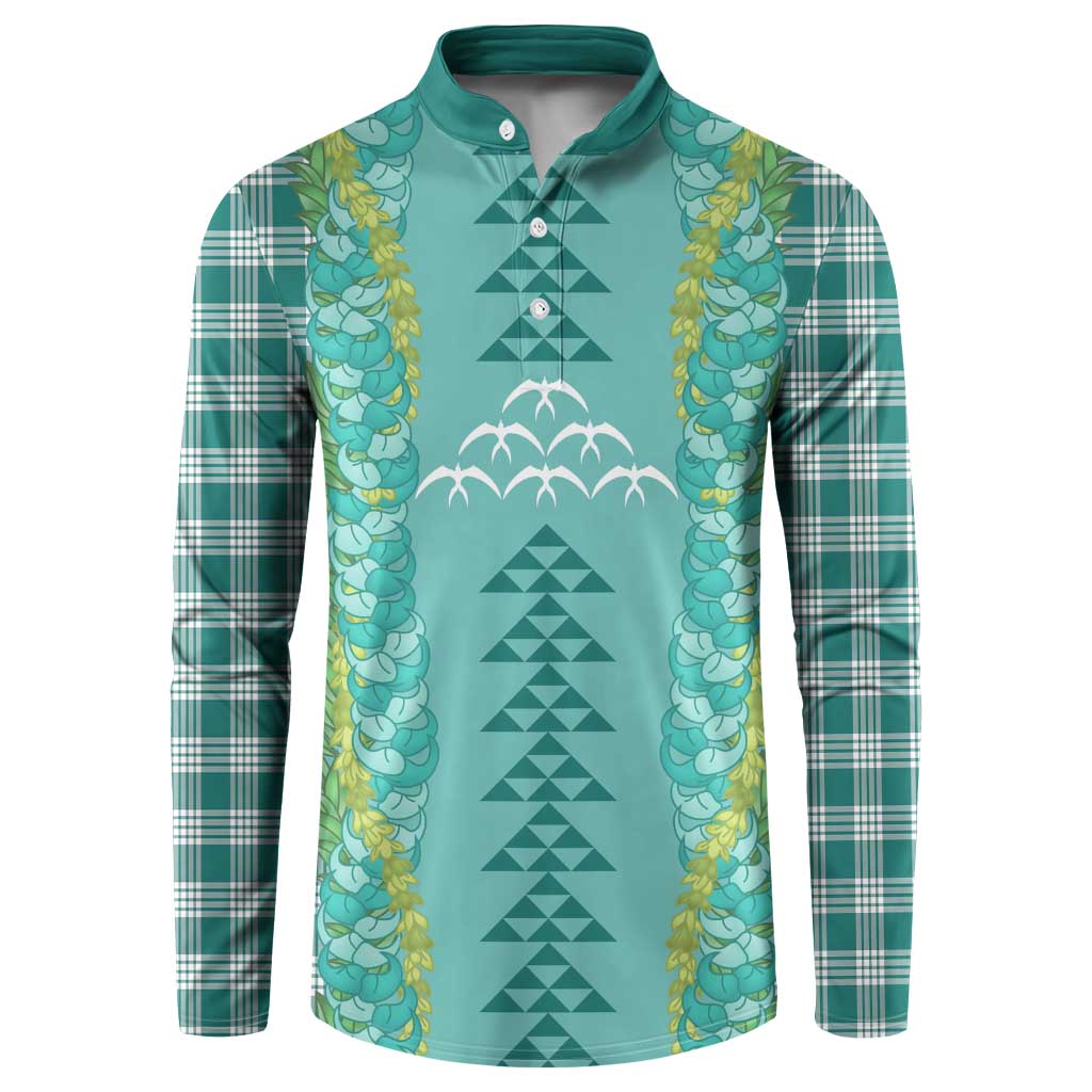 Teal Palaka Hawaii Iwa Bird Button Sweatshirt Hawaiian Kakau Jade Vine Lei - Polynesian Pride