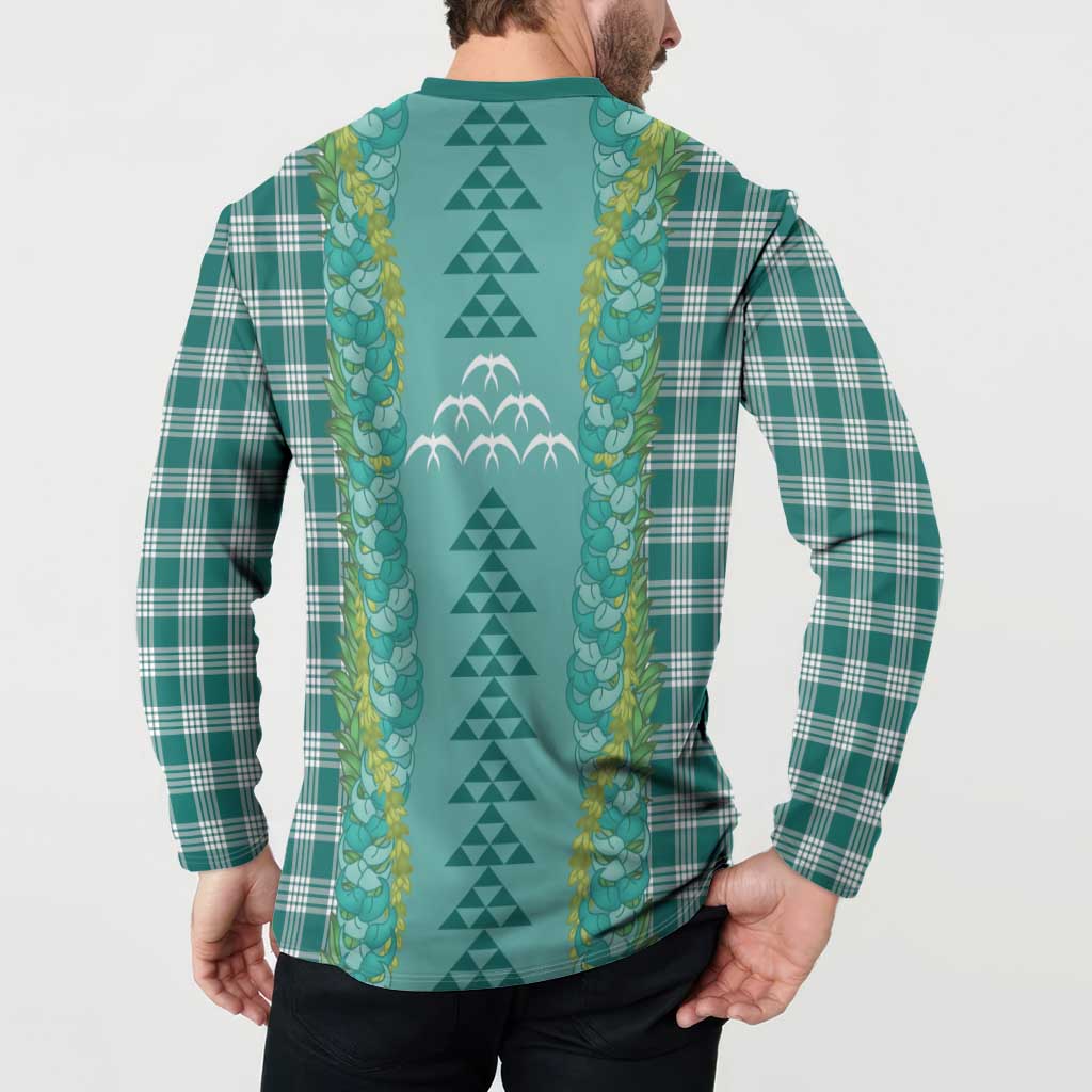Teal Palaka Hawaii Iwa Bird Button Sweatshirt Hawaiian Kakau Jade Vine Lei - Polynesian Pride