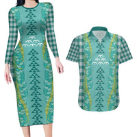 Teal Palaka Hawaii Iwa Bird Couples Matching Long Sleeve Bodycon Dress and Hawaiian Shirt Hawaiian Kakau Jade Vine Lei - Polynesian Pride