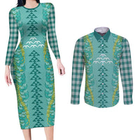 Teal Palaka Hawaii Iwa Bird Couples Matching Long Sleeve Bodycon Dress and Long Sleeve Button Shirt Hawaiian Kakau Jade Vine Lei - Polynesian Pride