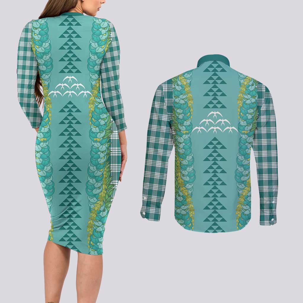 Teal Palaka Hawaii Iwa Bird Couples Matching Long Sleeve Bodycon Dress and Long Sleeve Button Shirt Hawaiian Kakau Jade Vine Lei - Polynesian Pride