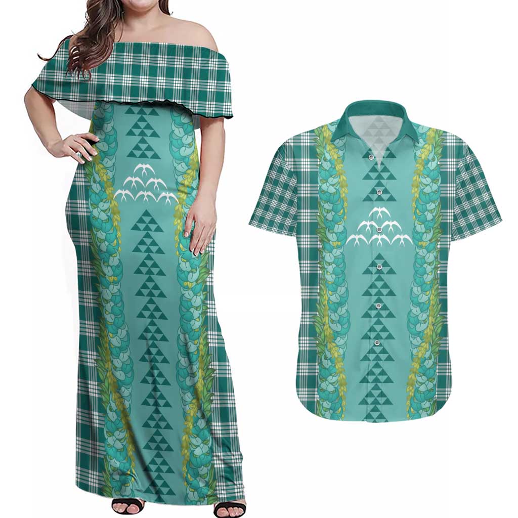 Teal Palaka Hawaii Iwa Bird Couples Matching Off Shoulder Maxi Dress and Hawaiian Shirt Hawaiian Kakau Jade Vine Lei - Polynesian Pride