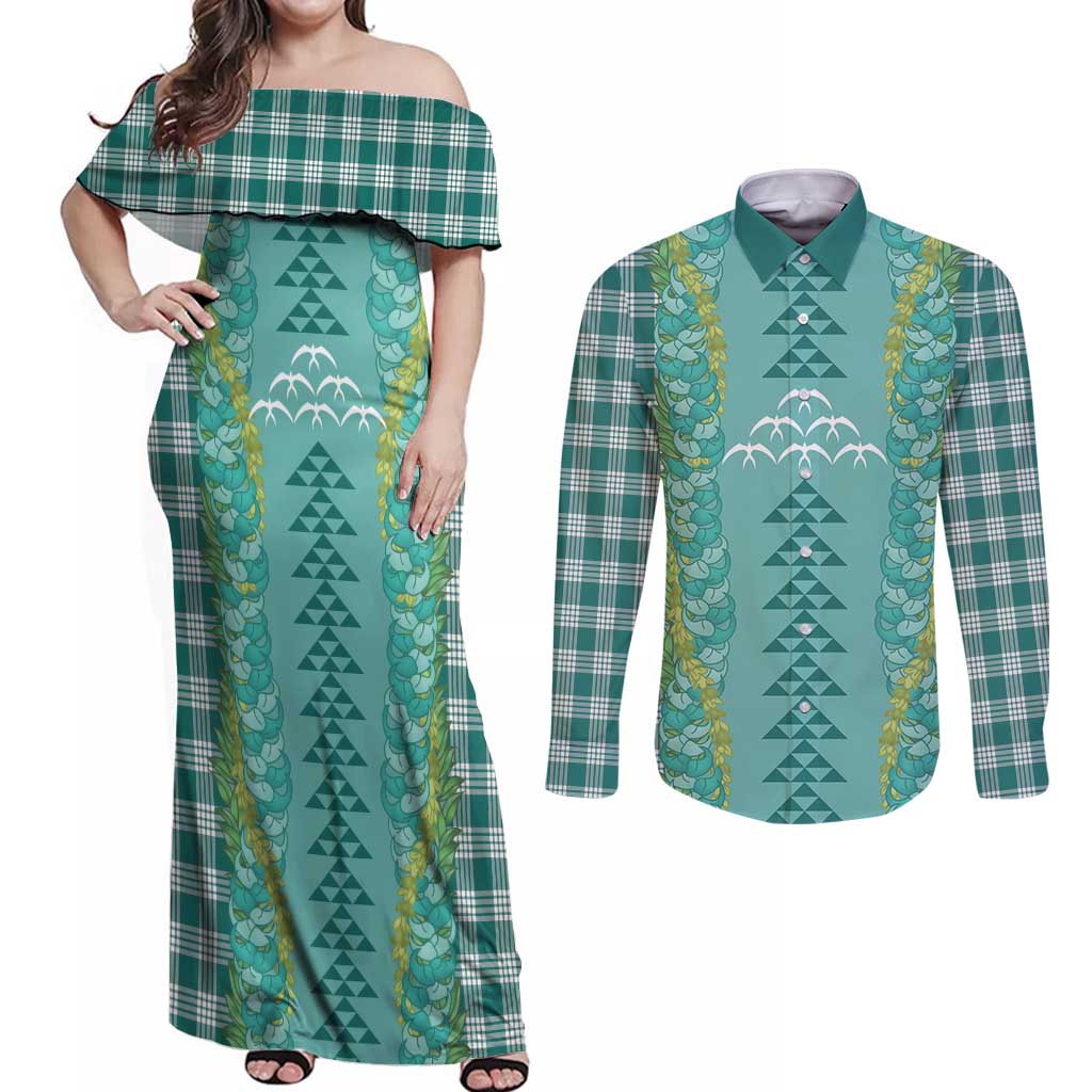 Teal Palaka Hawaii Iwa Bird Couples Matching Off Shoulder Maxi Dress and Long Sleeve Button Shirt Hawaiian Kakau Jade Vine Lei - Polynesian Pride