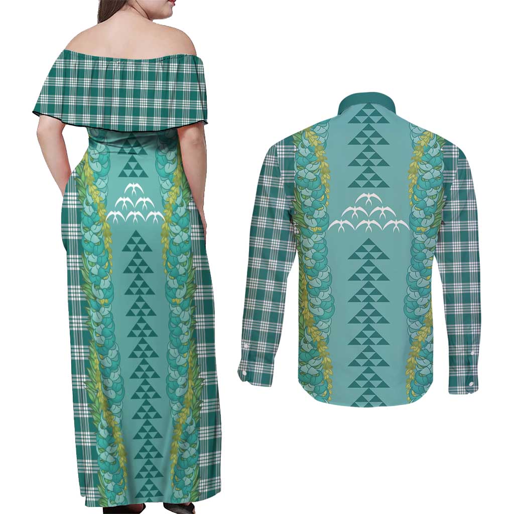 Teal Palaka Hawaii Iwa Bird Couples Matching Off Shoulder Maxi Dress and Long Sleeve Button Shirt Hawaiian Kakau Jade Vine Lei - Polynesian Pride