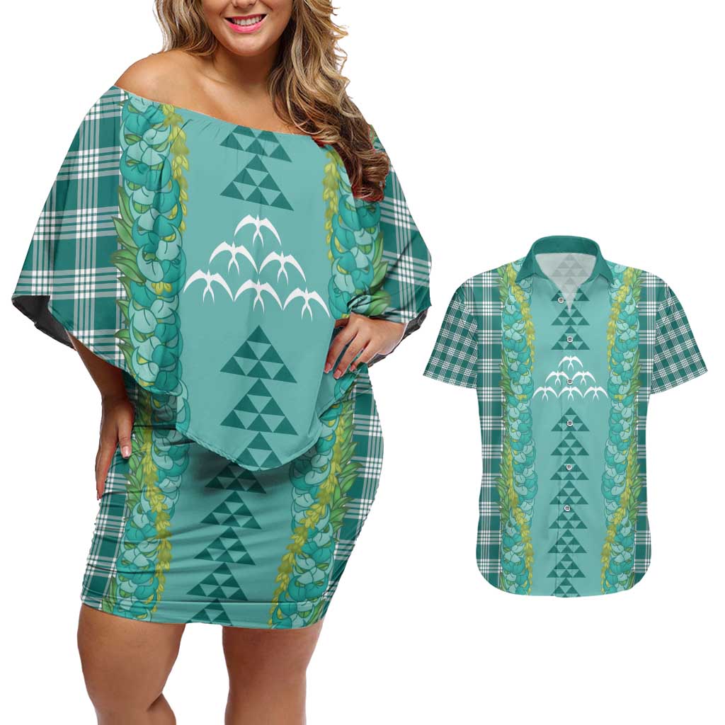 Teal Palaka Hawaii Iwa Bird Couples Matching Off Shoulder Short Dress and Hawaiian Shirt Hawaiian Kakau Jade Vine Lei - Polynesian Pride