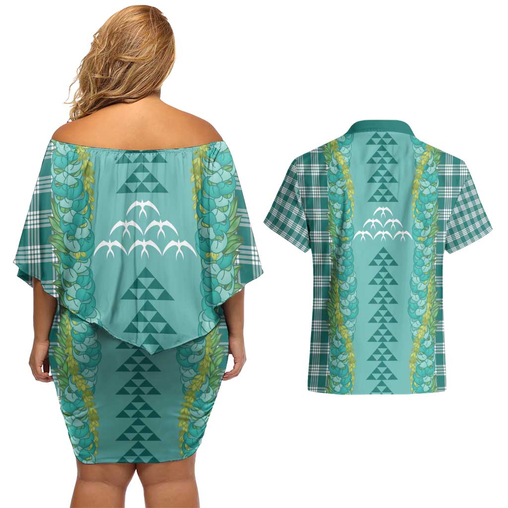 Teal Palaka Hawaii Iwa Bird Couples Matching Off Shoulder Short Dress and Hawaiian Shirt Hawaiian Kakau Jade Vine Lei - Polynesian Pride