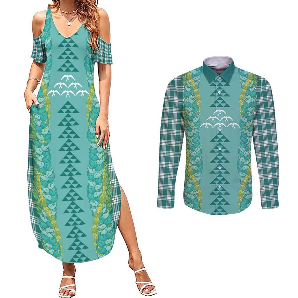 Teal Palaka Hawaii Iwa Bird Couples Matching Summer Maxi Dress and Long Sleeve Button Shirt Hawaiian Kakau Jade Vine Lei - Polynesian Pride