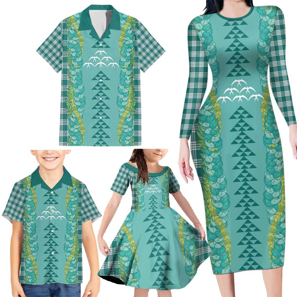 Teal Palaka Hawaii Iwa Bird Family Matching Long Sleeve Bodycon Dress and Hawaiian Shirt Hawaiian Kakau Jade Vine Lei - Polynesian Pride
