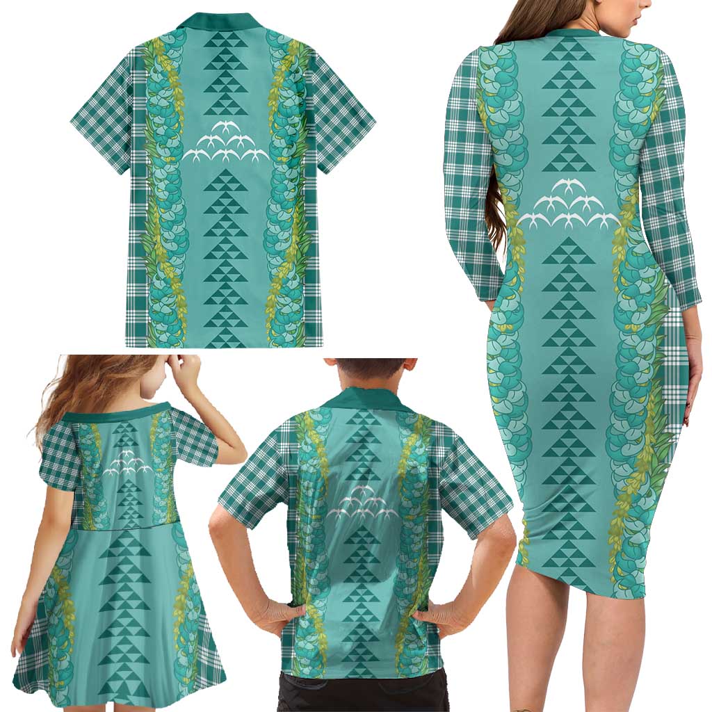 Teal Palaka Hawaii Iwa Bird Family Matching Long Sleeve Bodycon Dress and Hawaiian Shirt Hawaiian Kakau Jade Vine Lei - Polynesian Pride