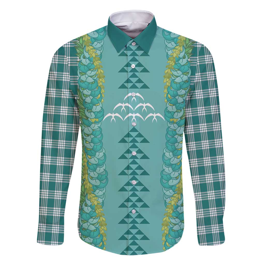 Teal Palaka Hawaii Iwa Bird Family Matching Long Sleeve Bodycon Dress and Hawaiian Shirt Hawaiian Kakau Jade Vine Lei - Polynesian Pride