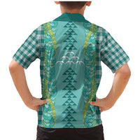 Teal Palaka Hawaii Iwa Bird Family Matching Mermaid Dress and Hawaiian Shirt Hawaiian Kakau Jade Vine Lei - Polynesian Pride