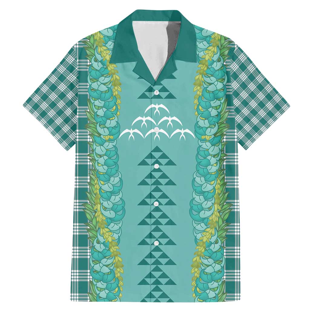 Teal Palaka Hawaii Iwa Bird Family Matching Mermaid Dress and Hawaiian Shirt Hawaiian Kakau Jade Vine Lei - Polynesian Pride